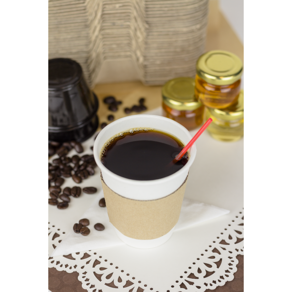 White Karat 8oz Paper Hot Cup with coffee, cup sleeve and red stirrer straw