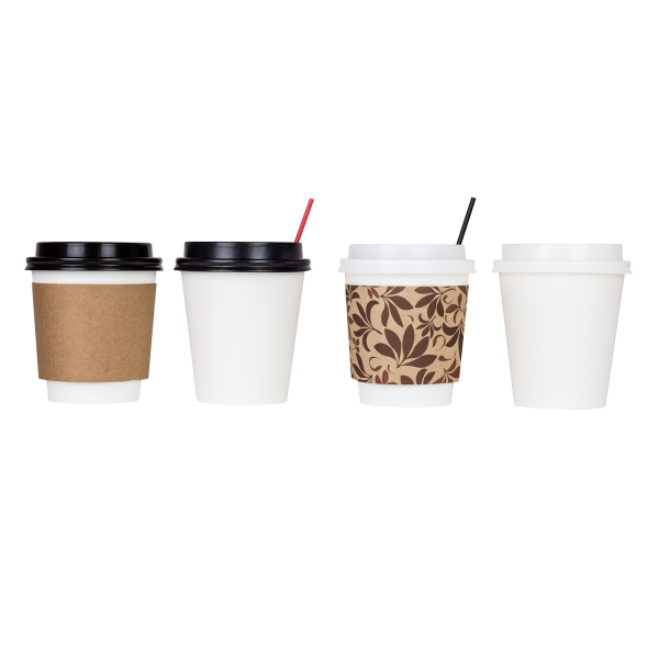White Karat 10oz Paper Hot Cups with different cup sleeves and lids