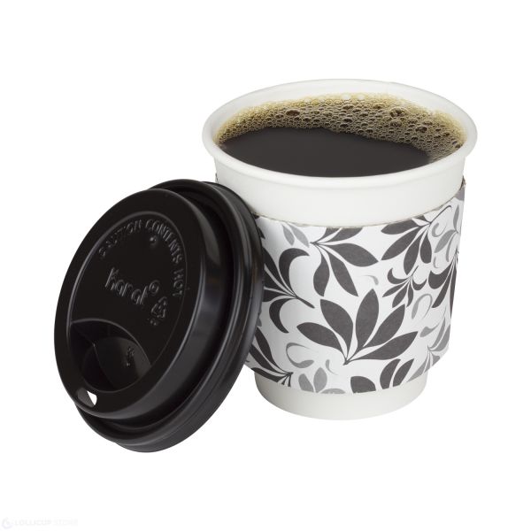 White Karat 10oz Paper Hot Cup with patterned cup sleeve, black lid, and filled with coffee