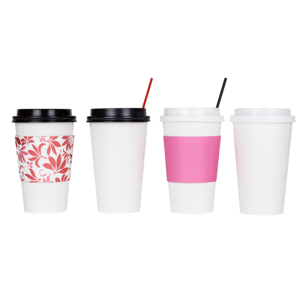 White Karat 16oz Paper Hot Cups with different sipper lids, cup sleeves, and stirrer straws