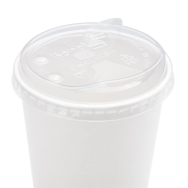 Clear Karat 90mm PET Plastic Strawless Sipper Lids on matching cup
