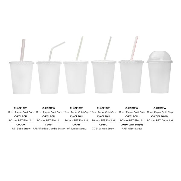 White Karat 12oz Paper Cold Cups with different lid types