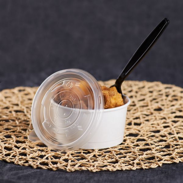 Clear Karat 8oz PP Plastic Food Container Flat Lid with matching container and utensils