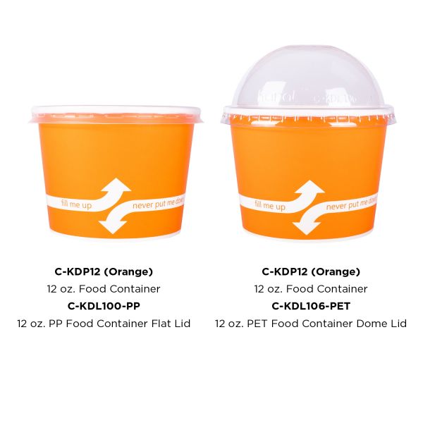 Orange Karat 12oz Food Containers with flat and dome lid