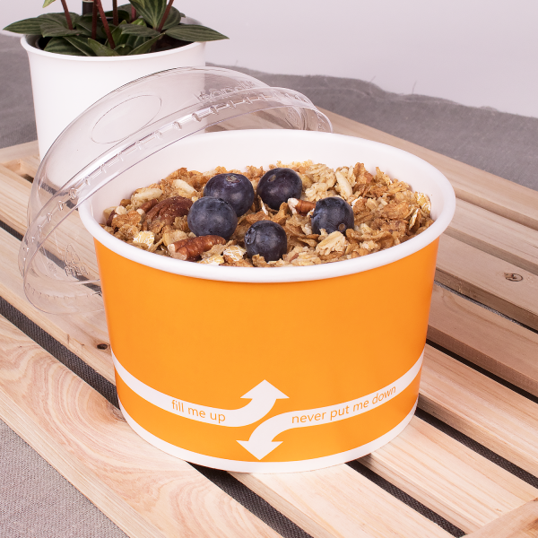 Orange Karat 20oz Food Container with yogurt parfait and dome lid