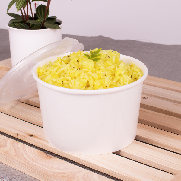 White Karat 20oz Food Container with rice and flat lid