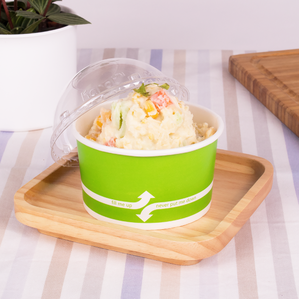 Green Karat 5oz Food Containers with mashed potatoes and dome lid