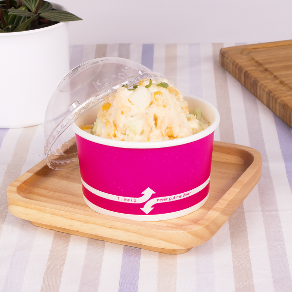 Pink Karat 5oz Food Containers with mashed potatoes and dome lid