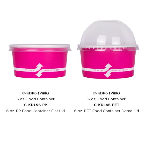 Pink Karat 6oz Food Containers with flat lid and dome lid