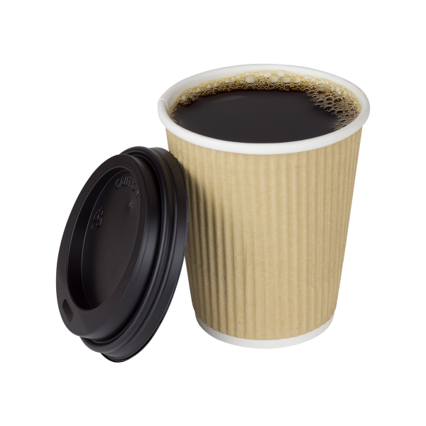 Kraft Karat 8oz Ripple Paper Hot Cups with coffee and brown dome sipper lid