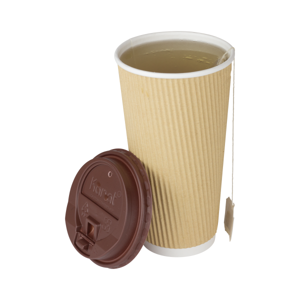 Kraft Karat 20oz Ripple Paper Hot Cup filled with tea next to brown dome sipper lid