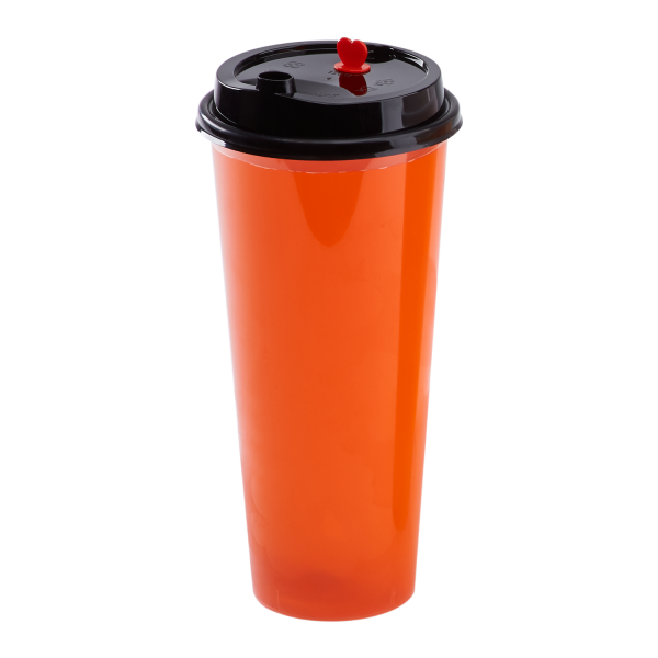 Black Karat 90mm Sipper Dome Lid for 16/24 oz Tall Premium PP Plastic Cup with matching cup and orange drink