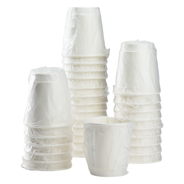 Karat 10oz Wrapped Insulated Paper Hot Cups stacked and individually wrapped