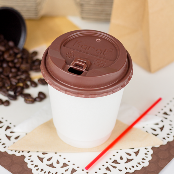 Karat 10oz Wrapped Insulated Paper Hot Cup with lid and stirrer