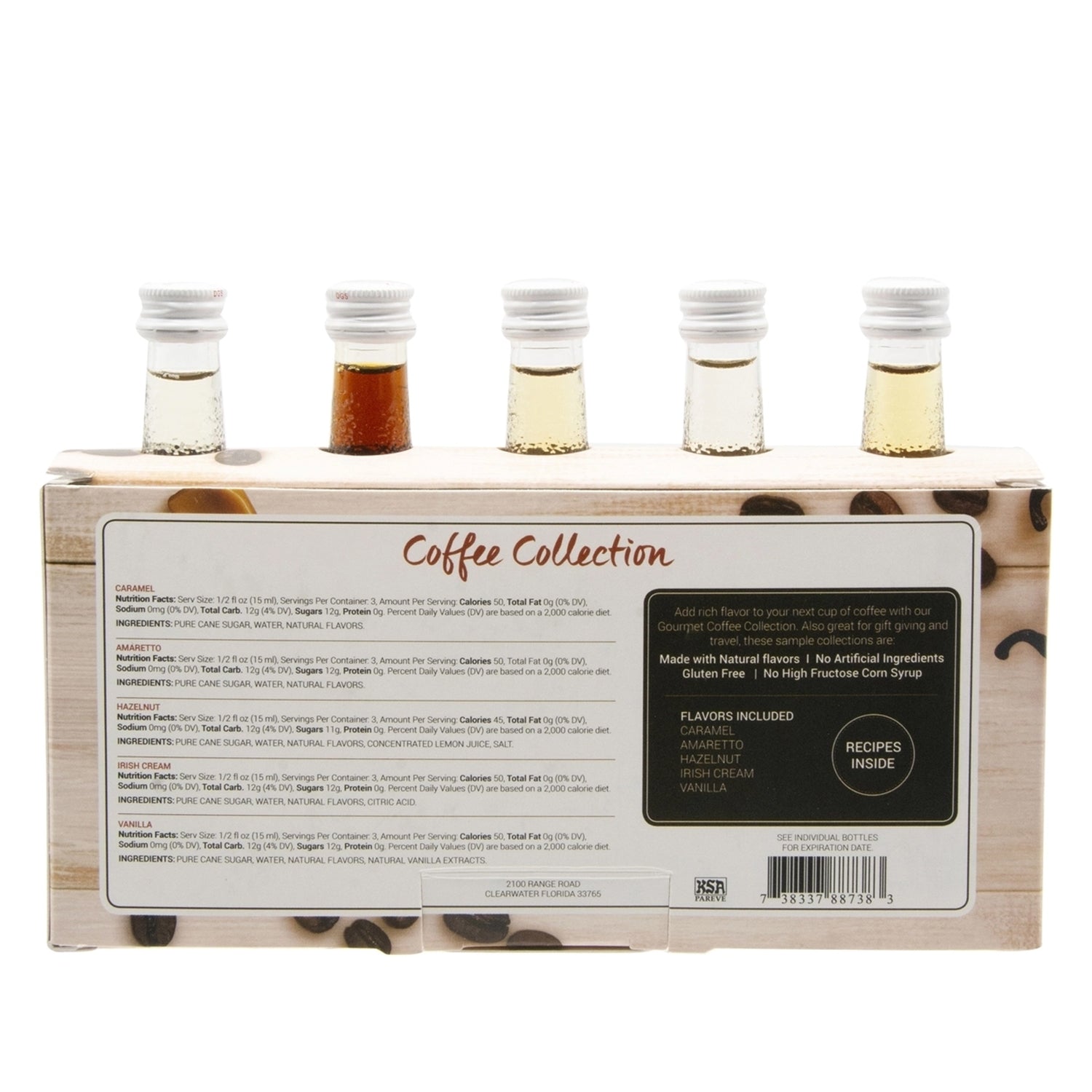Monin Mini Coffee Collection Gourmet Flavorings in packaging with flavor descriptions