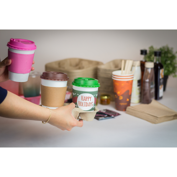 2 Cup Karat Biodegradable Cup Holder with different types of cups