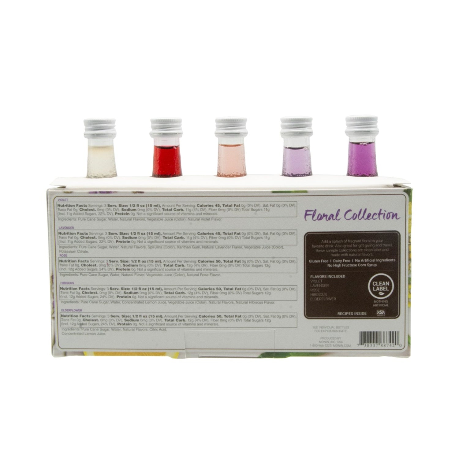 Monin Mini Floral Collection Gourmet Flavorings in packaging with flavor descriptions