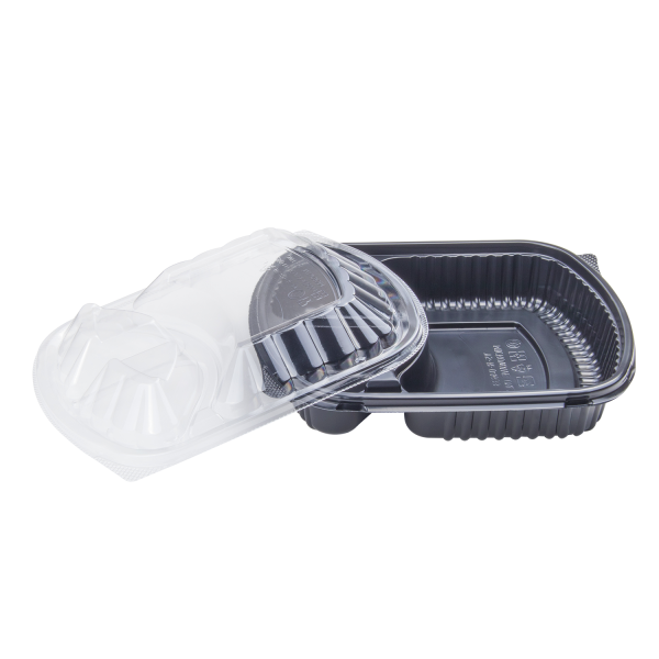 Karat 36 oz PP Plastic Microwaveable Black Take Out Box with 3 compartments with clear matching lid
