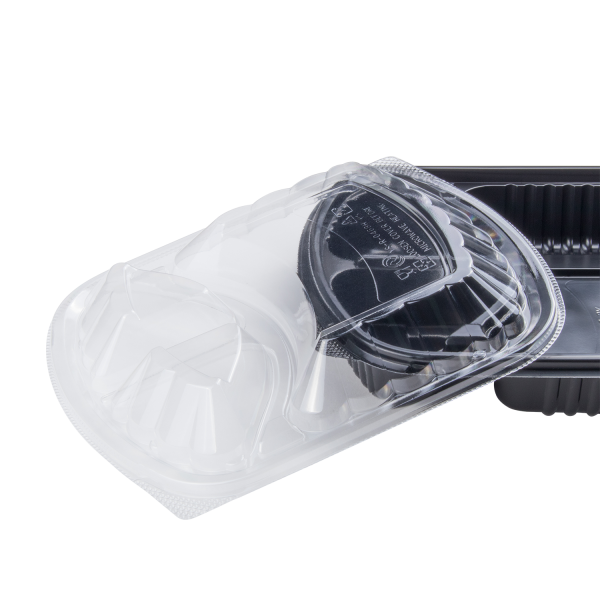 Karat 36 oz PP Plastic Microwaveable Black Take Out Box with 3 compartments with matching clear lid