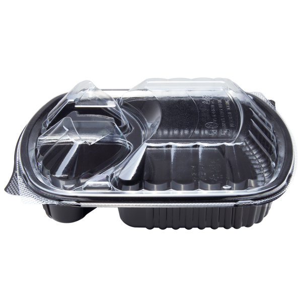 Karat OPS Lid for 36oz PP Plastic Microwaveable Black Take Out Box, 3 Compartments - 300 pcs