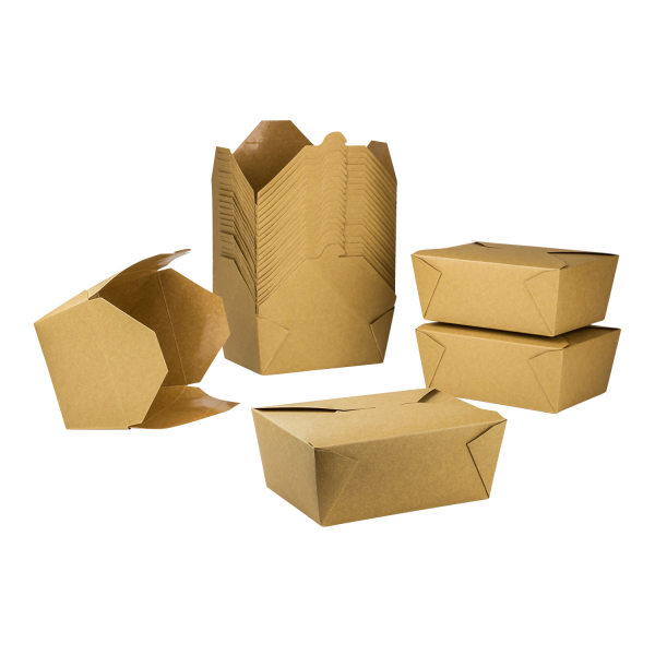 Karat 110 fl oz Fold-To-Go Box in kraft color stacked and folded