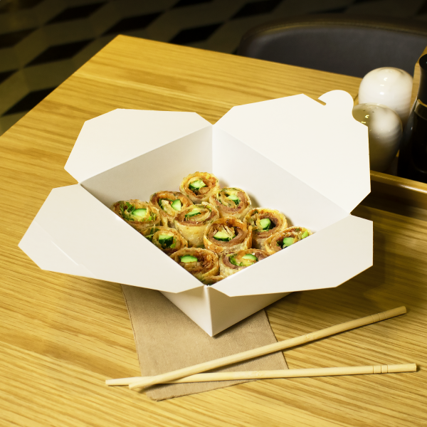White Karat 48 fl oz Fold-To-Go Box with sushi inside