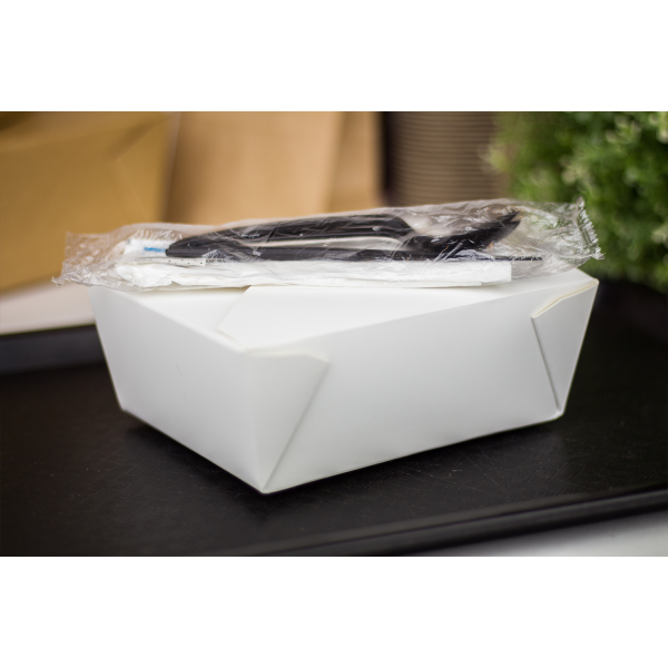 White Karat 48 fl oz Fold-To-Go Box with utensils on top