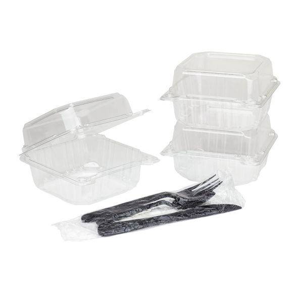 Clear Karat 6''x6'' PET Plastic Hinged Containers stacked with utensils