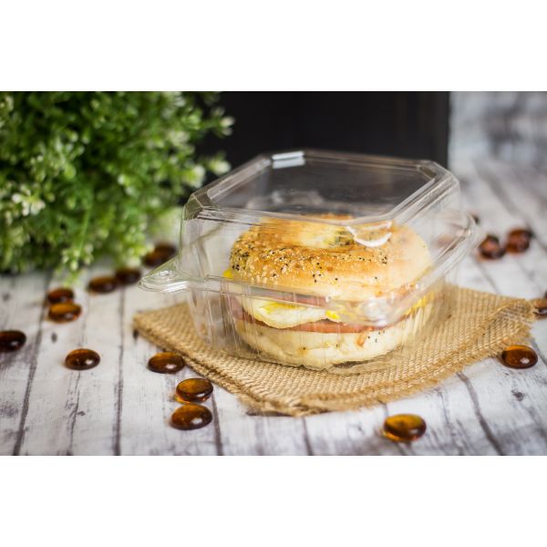 Clear Karat 6''x6'' PET Plastic Hinged Containers with bagel breakfast sandwich inside