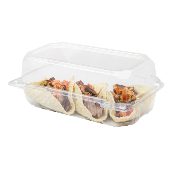 Clear Karat 9" x 5" PET Plastic Hinged Containers with tacos inside