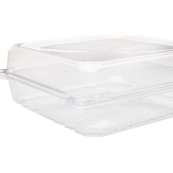 Clear Karat 9''x9'' PET Plastic Hinged Containers open tab corner view