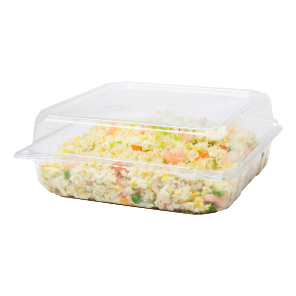 Clear Karat 9''x9'' PET Plastic Hinged Containers with fried rice