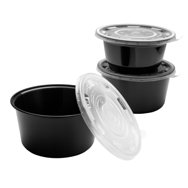 Black Karat 48oz PP Injection Molding Bowl stacked with lid