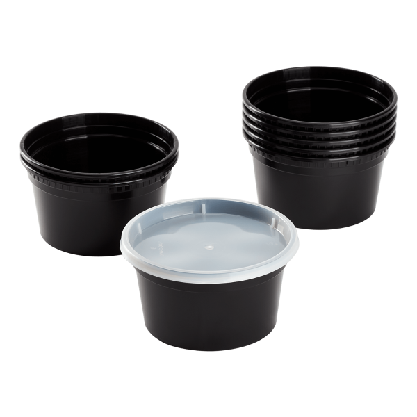 Stack of Karat 12 oz Black PP Injection Molded Round Deli Containers with Lids