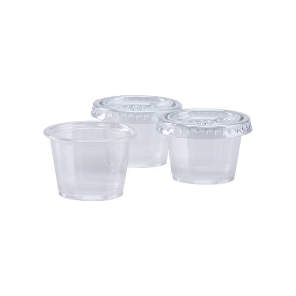 Clear Karat 1 oz Tall PET Plastic Portion Cup Lid on portion cup