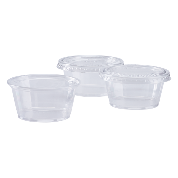Clear Karat 3.25 oz - 5.5 oz PET Portion Cup Lids on clear portion cup