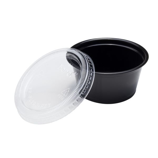 Clear Karat 1oz Squat-2oz PET Plastic Portion Cup Lid with black cup