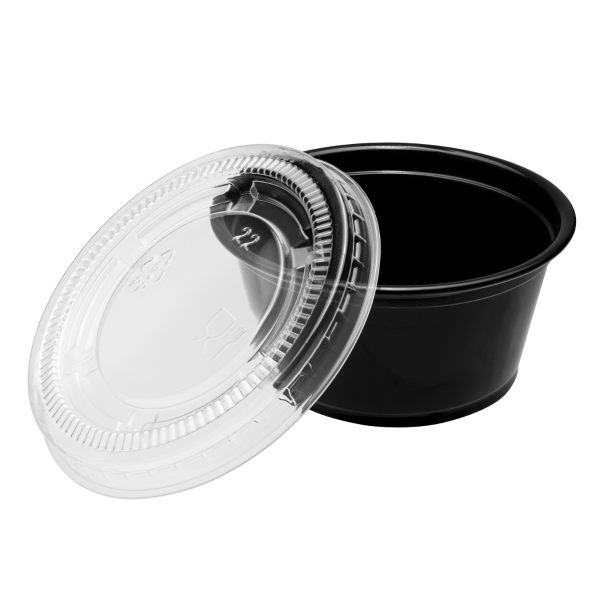 Clear Karat 1.5 oz & 2 oz PP Plastic Portion Cup Lids with black cup