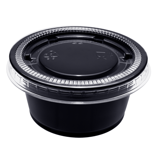 Clear Karat 1.5 oz & 2 oz PP Plastic Portion Cup Lids with black cup