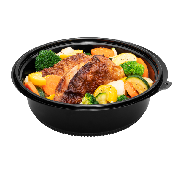 Black Karat 48 oz PP Round Microwaveable Container with chicken and vegetables