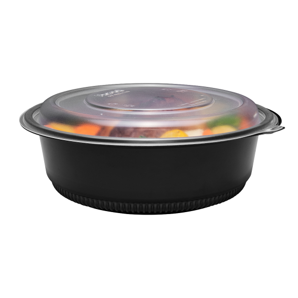 Black Karat 48 oz PP Round Microwaveable Container with food and lid
