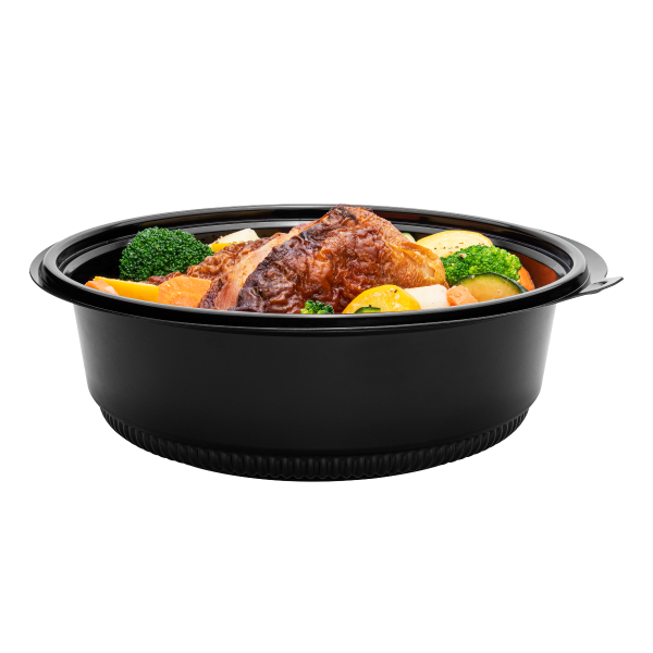 Black Karat 48 oz PP Round Microwaveable Container with food