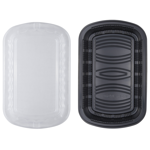 Karat Half Slab Black PP Plastic Rib Container with Clear OPS lid - 100 pcs