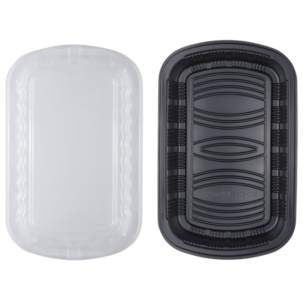 Pactic Half Rib Containers Karat Half Slab Black PP Plastic Rib Container with Clear OPS lid - 10