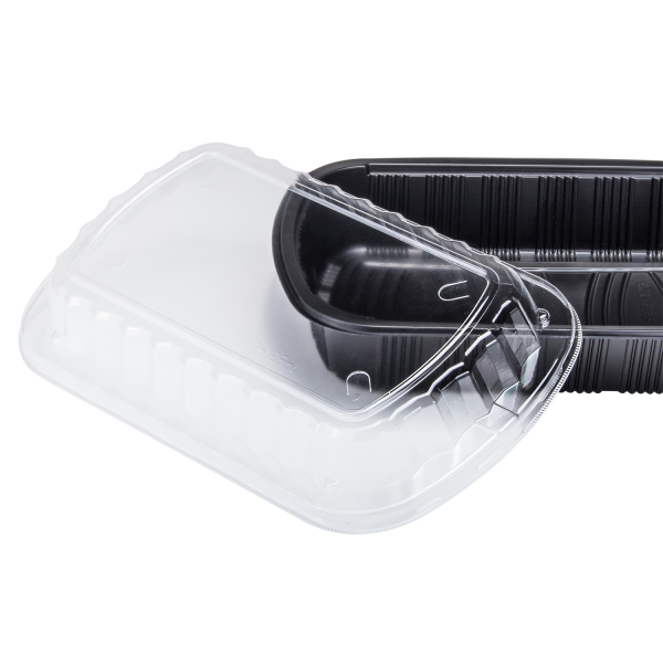Full Rib Container Karat Half Slab Black PP Plastic Rib Container with Clear OPS lid - 10