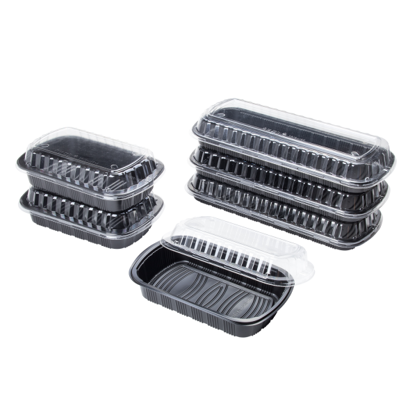 Decor Rib Container For Kitchen Karat Half Slab Black PP Plastic Rib Container with Clear OPS lid - 10
