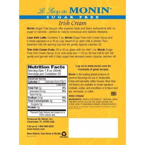 Monin Sugar Free Irish Cream Syrup - Bottle (750mL)