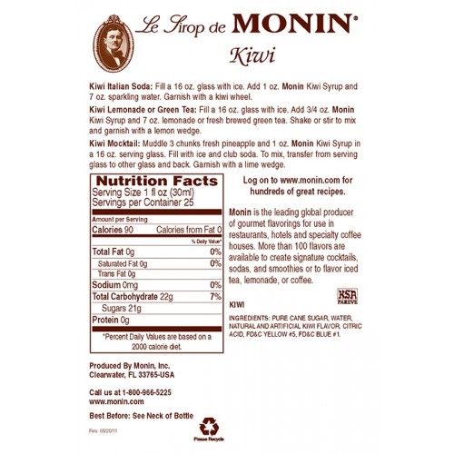 Monin Kiwi Syrup - Bottle (750mL)