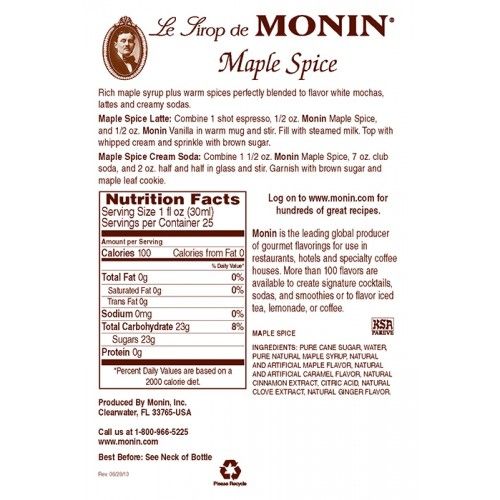 Monin Maple Spice Syrup - Bottle (750mL)