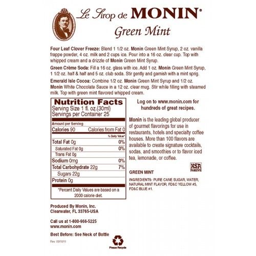 Monin Green Mint Syrup - Bottle (750mL)